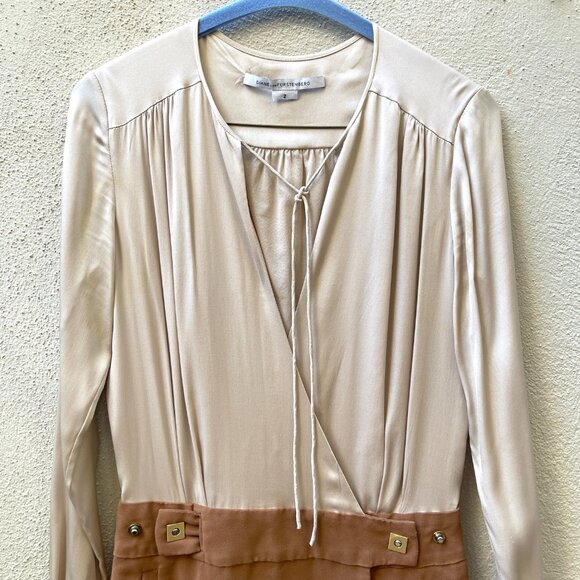 Diane von Furstenberg $450 wrap Sibylla Colorblock brown and beige dress 2 - Picture 7 of 15